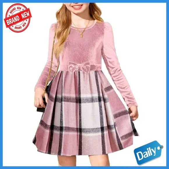 Girls Long Sleeve Velvet Plaid Patchwork Holiday Party Dress with Pockets -  www.sanvalentin.cl